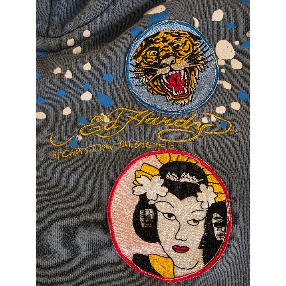 Vintage Women's M Don Ed Hardy Tattoo Zip Hoodie Christian Audigier Y2K Geisha - Picture 8 of 16